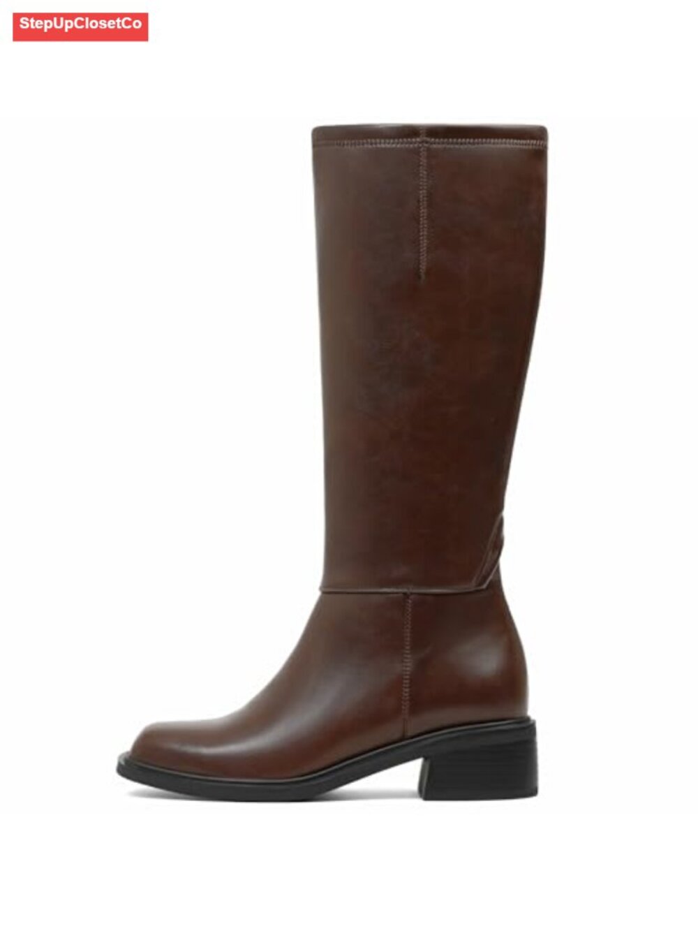 Faux Leather Knee High Boots Square Toe Low Heel Tall Boots